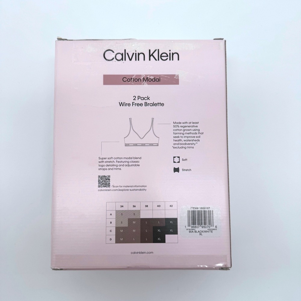 New Calvin Klein 2-Pack Wire Free Bralettes Sie XL Cotton Modal Black White - Picture 2 of 4